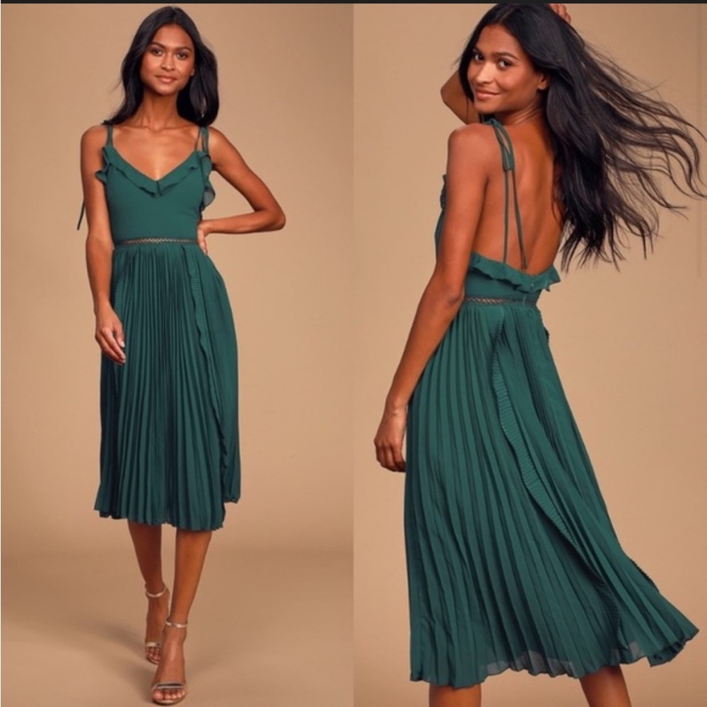 Lulus Never a Dull Moment Emerald Green Tie-Strap Pleated Midi Dress XXS